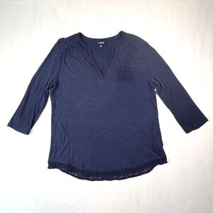 Lucky Brand Women's XL  Dark Blue Solid V-Neck 3/4 Sleeve Pullover Blouse